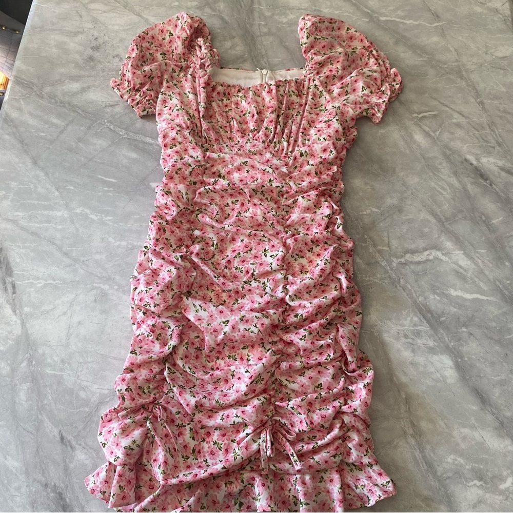 SHEIN Pink Floral Ruched Mini Dress